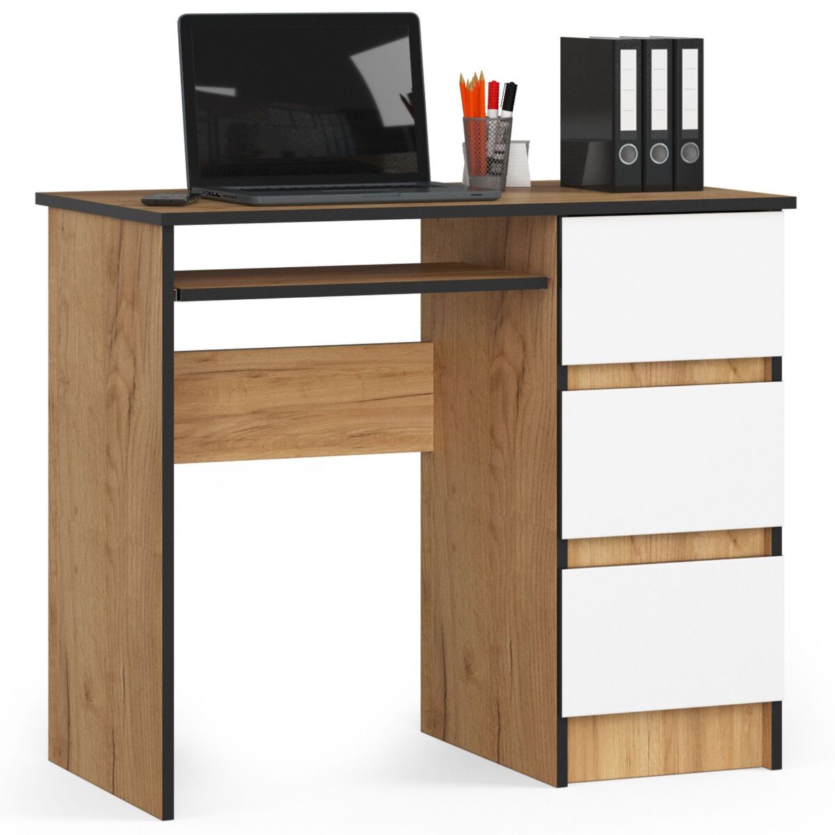 Escritorio de ordenador akord a6 roble craft 90 cm derecho 3 cajones color blanco mate 1 estante 90x50x77 cm