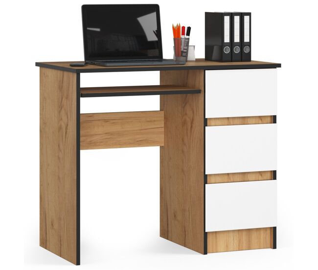 Escritorio de ordenador akord a6 roble craft 90 cm derecho 3 cajones color blanco mate 1 estante 90x50x77 cm