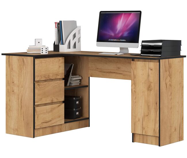 Escritorio esquinero akord b20 roble craft 155 cm con lado izquierdo 1 puerta 3 cajones frente en color roble craft 4 estantes 155x85x77 cm