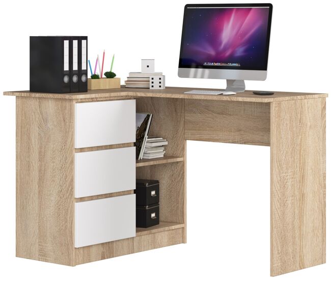 Escritorio esquinero akord b16 roble sonoma 124 cm con lado izquierdo 3 cajones frente en color blanco 2 estantes 124x85x77 cm