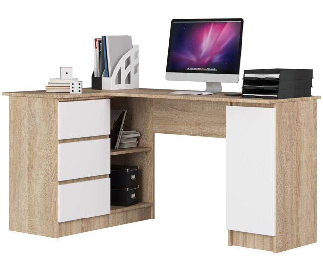 Escritorio esquinero akord b20 roble sonoma 155 cm con lado izquierdo 1 puerta 3 cajones frente en color blanco 4 estantes 155x85x77 cm