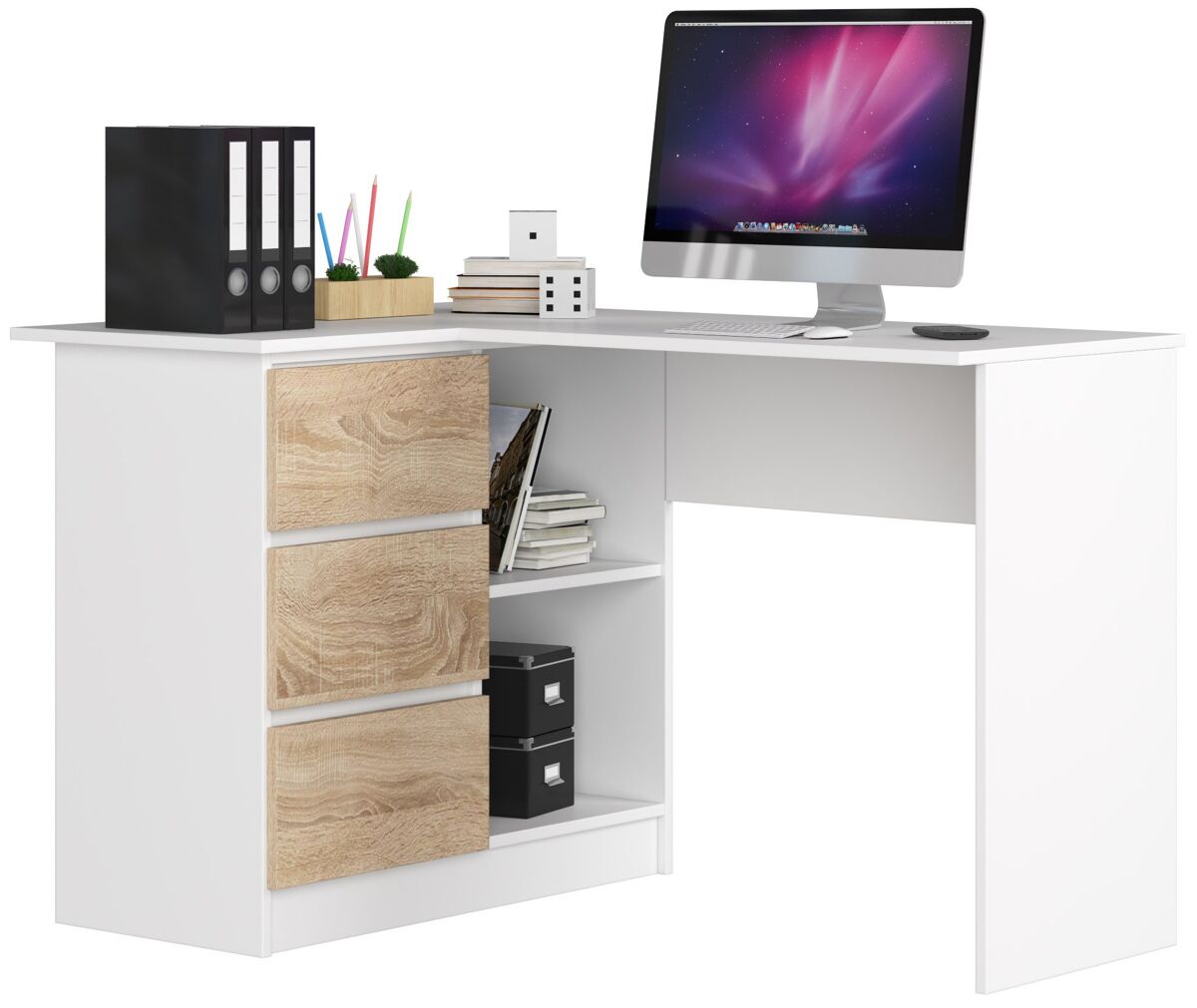 Escritorio esquinero AKORD B16 izquierda 3 cajones 124x85 Blanco/ Madera
