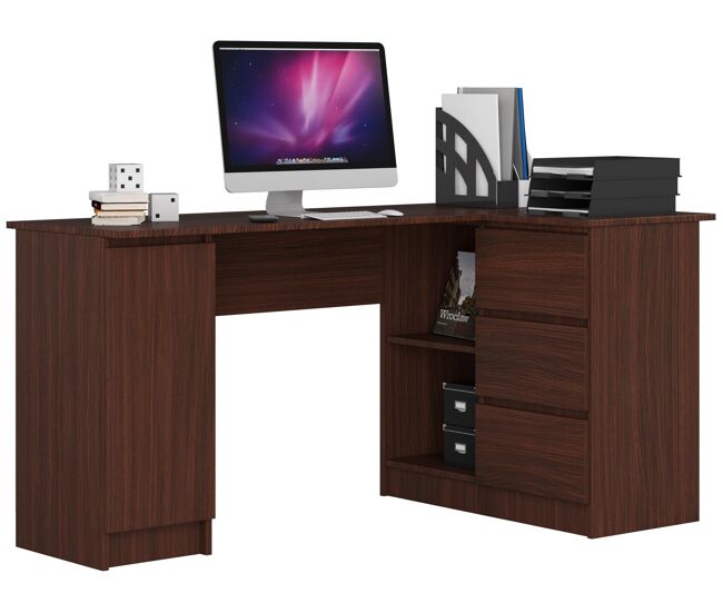 Escritorio esquinero akord b20 wenge 155 cm con lado derecho 1 puerta 3 cajones frente en color wenge 4 estantes 155x85x77 cm