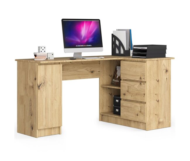 Escritorio esquinero akord b20 roble artisan 155 cm con lado derecho 1 puerta 3 cajones frente en color roble artisan 4 estantes 155x85x77 cm