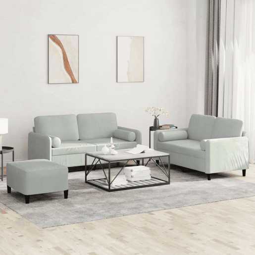 vidaXL 3 pcs conjunto de sofás com almofadas veludo cinzento-claro vidaXL 3 pcs conjunto de sofás com almofadas veludo cinzento-claro