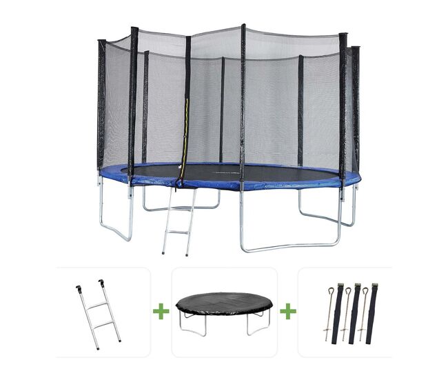 Trampolín "jumpy" - ø 4,27 m - acero galvanizado - red de protección + escalera + cubierta + kit de anclaje - color azul