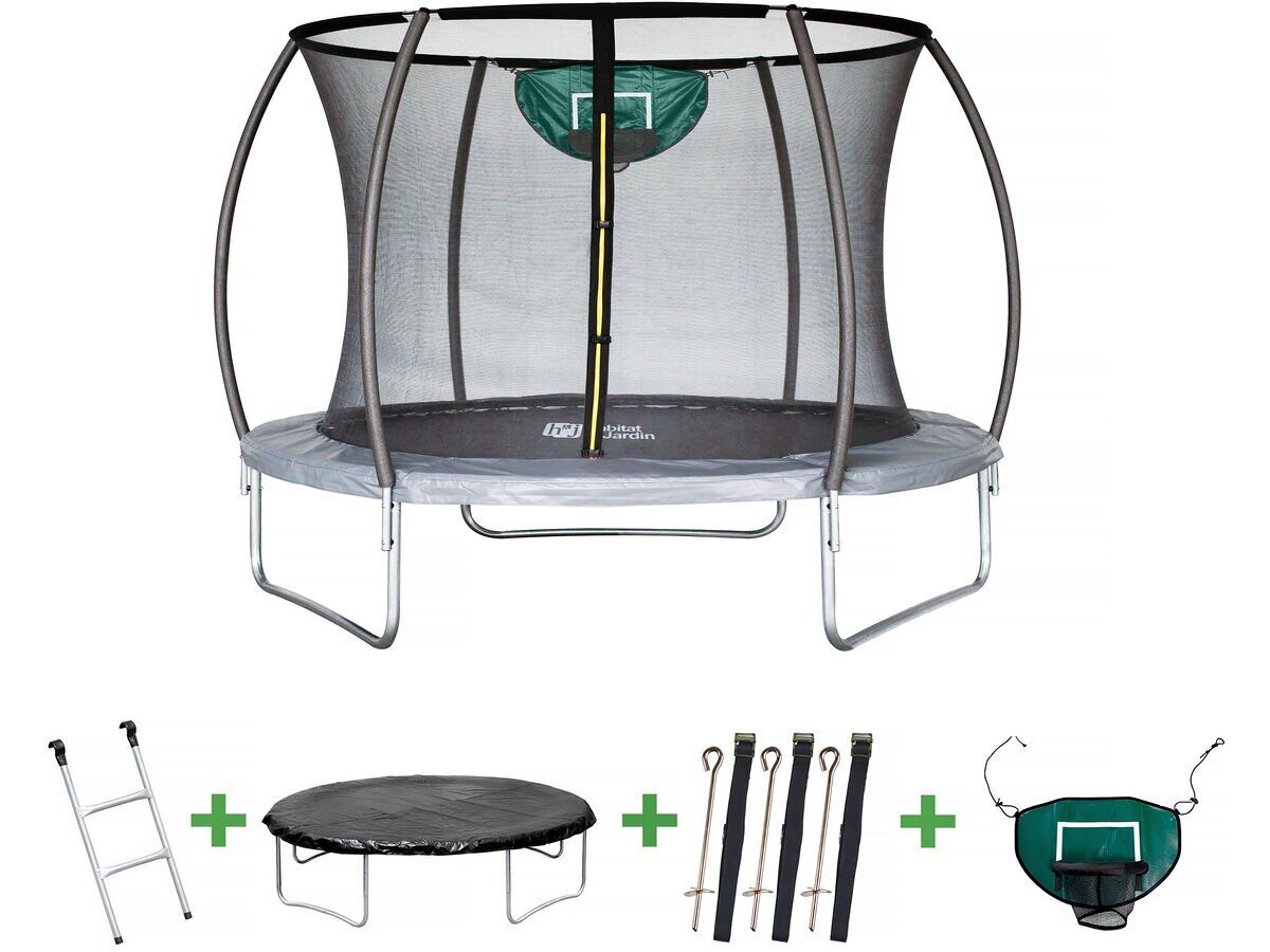 Cama elástica con red interior y canasta de baloncesto