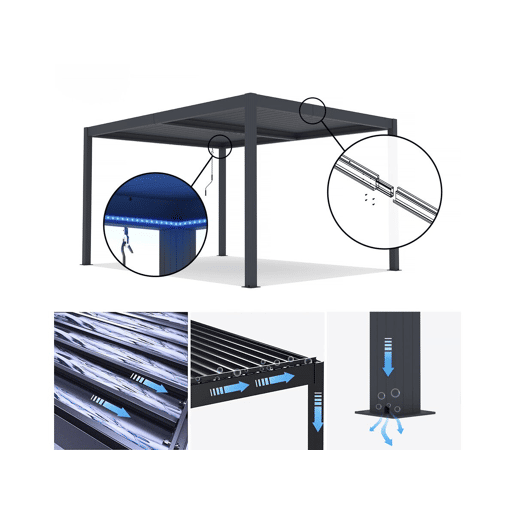 Pérgula bioclimática com LED Windsor em alumínio 3 x 4 - Cinza