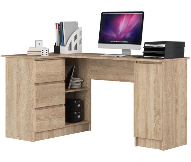 Escritorio esquinero akord b20 roble sonoma 155 cm con lado izquierdo 1 puerta 3 cajones frente en color roble sonoma 4 estantes 155x85x77 cm