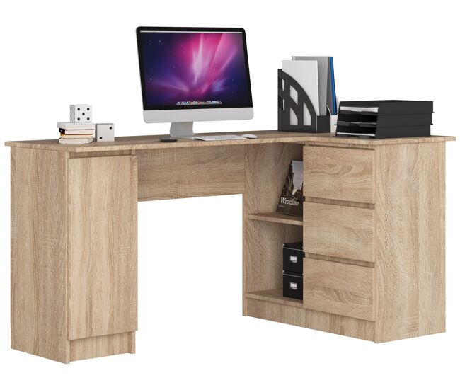 Escritorio esquinero akord b20 roble sonoma 155 cm con lado derecho 1 puerta 3 cajones frente en color roble sonoma 4 estantes 155x85x77 cm