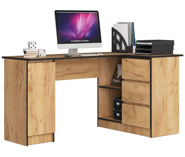 Escritorio esquinero akord b20 roble craft 155 cm con lado derecho 1 puerta 3 cajones frente en color roble craft 4 estantes 155x85x77 cm