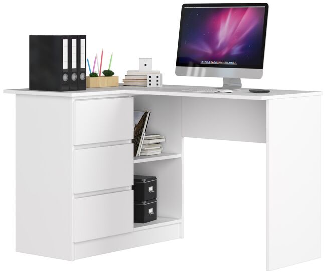 Escritorio esquinero akord b16 blanco 124 cm izquierda 3 cajones color blanco mate 2 estantes 124x85x77 cm