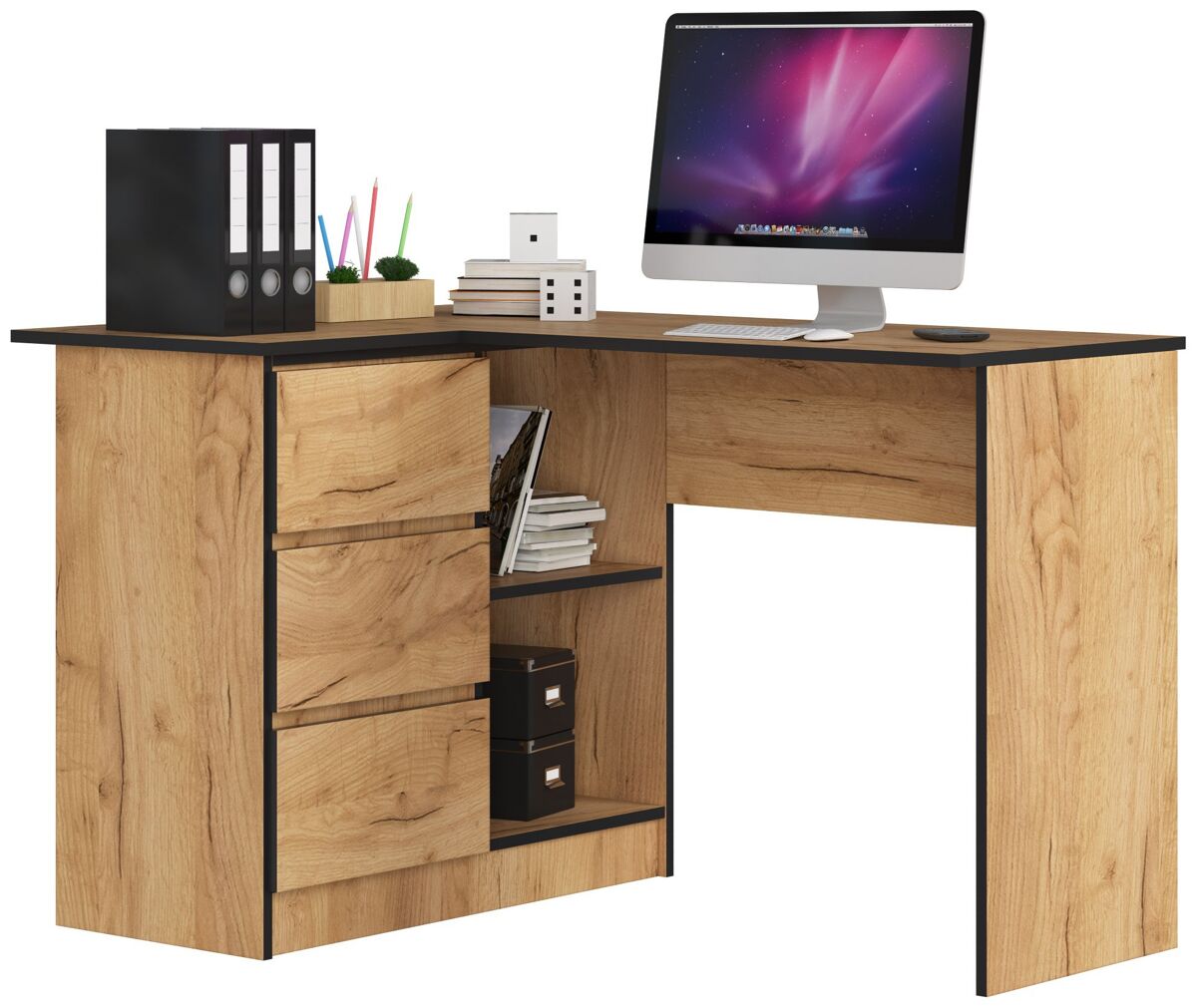 Escritorio esquinero akord b16 roble craft 124 cm con lado izquierdo 3 cajones frente en color roble craft 2 estantes 124x85x77 cm