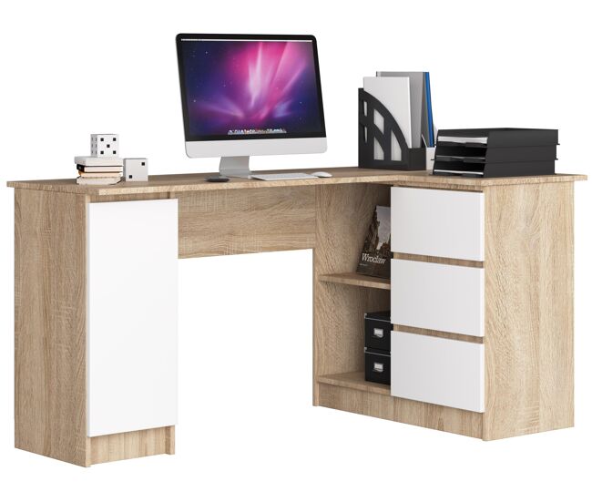 Escritorio esquinero akord b20 roble sonoma 155 cm con lado derecho 1 puerta 3 cajones frente en color blanco 4 estantes 155x85x77 cm
