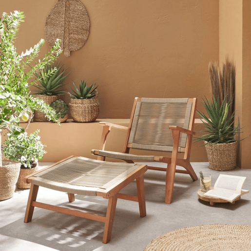 Cadeira de jardim em madeira e corda com apoio para os pés, Cuzco, Taupe, 66.5x81x71 cm