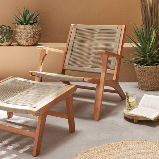 Cadeira de jardim em madeira e corda com apoio para os pés, Cuzco, Taupe, 66.5x81x71 cm
