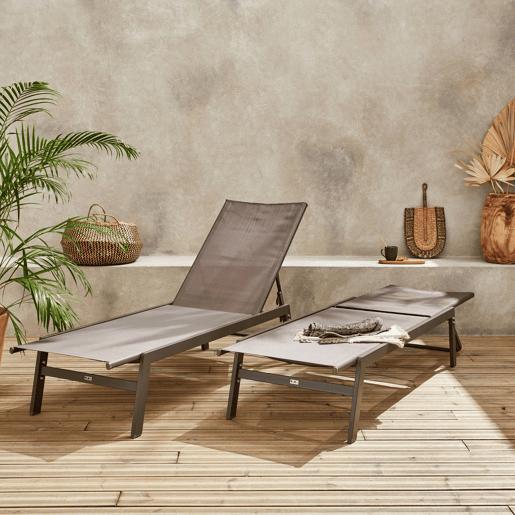Transat de aço multi posições, set de 2, Flora, Castanho, 155x59x106 cm