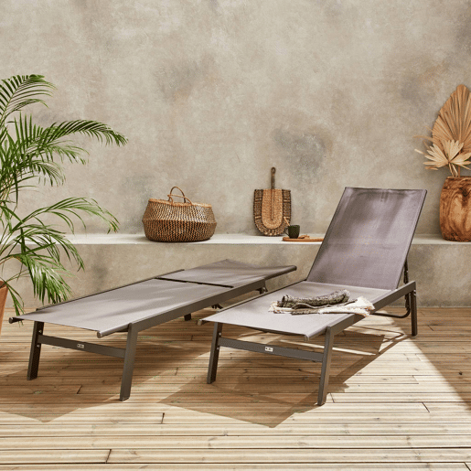 Transat de aço multi posições, set de 2, Flora, Castanho, 155x59x106 cm