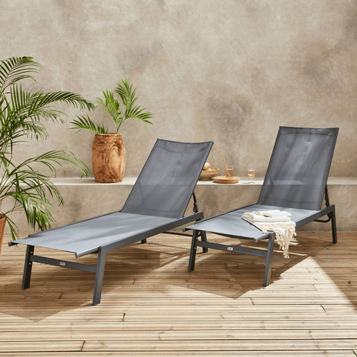 Transat de aço multi posições, set de 2, Flora, Cinza, 155x59x106 cm