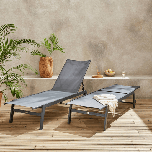 Transat de aço multi posições, set de 2, Flora, Cinza, 155x59x106 cm