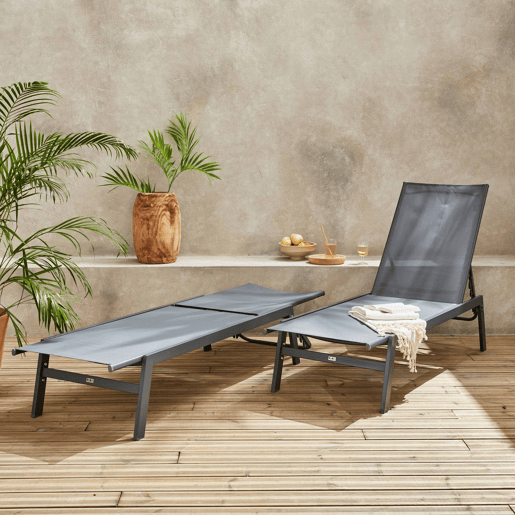 Transat de aço multi posições, set de 2, Flora, Cinza, 155x59x106 cm