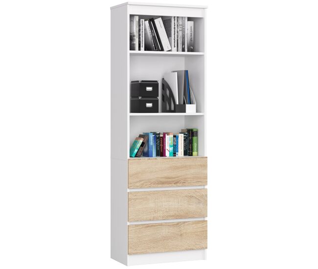 Librería akord r60 blanco 60 cm 3 cajones frente en color roble sonoma 3 estantes 60x35x180 cm