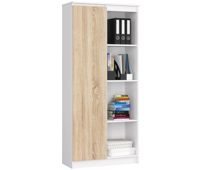 Librería akord r80 blanco 80 cm 1 puerta frente en color roble sonoma 4 estantes 80x35x180 cm