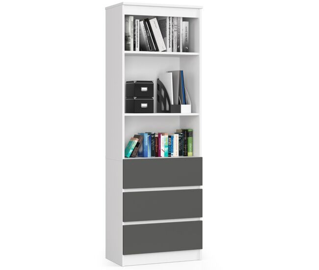 Librería akord r60 blanco 60 cm 3 cajones frente en color grafito gris 3 estantes 60x35x180 cm