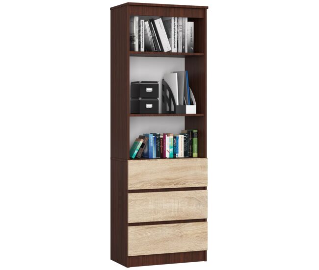 Librería akord r60 wenge 60 cm 3 cajones frente en color roble sonoma 3 estantes 60x35x180 cm