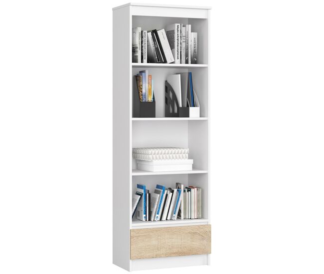 Librería akord r60 blanco 60 cm 1 cajón frente en color roble sonoma 4 estantes 60x35x180 cm