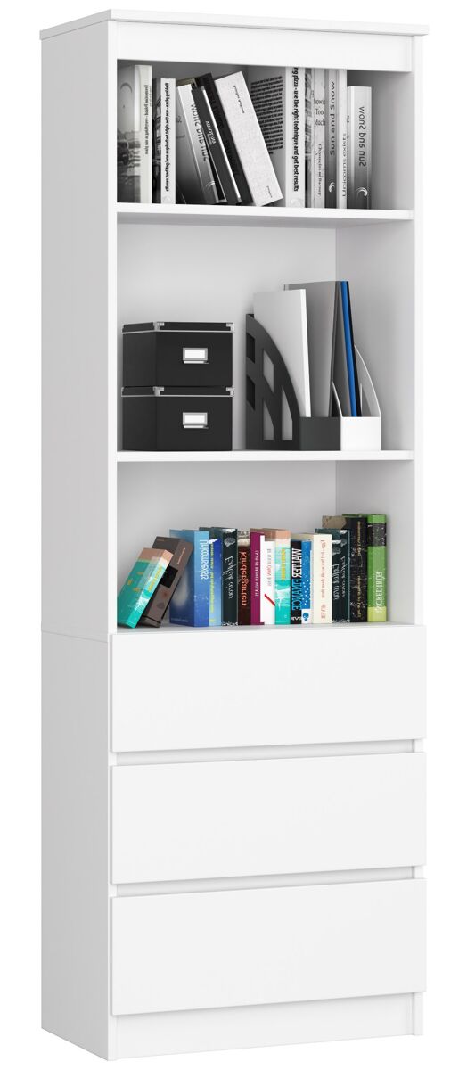 Librería akord r60 blanco 60 cm 3 cajones frente en color blanco 3 estantes 60x35x180 cm