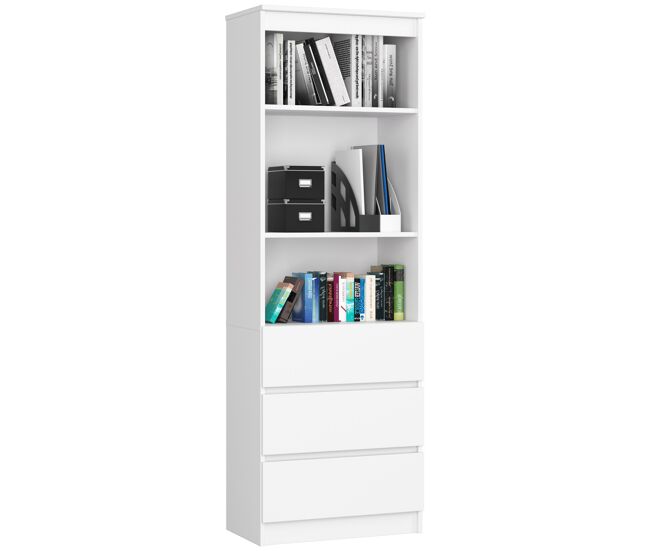 Librería akord r60 blanco 60 cm 3 cajones frente en color blanco 3 estantes 60x35x180 cm