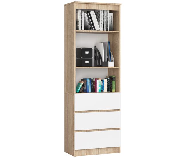 Librería akord r60 roble sonoma 60 cm 3 cajones frente en color blanco 3 estantes 60x35x180 cm