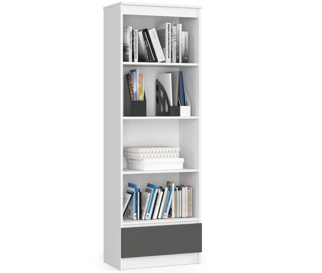Librería akord r60 blanco 60 cm 1 cajón frente en color grafito gris 4 estantes 60x35x180 cm