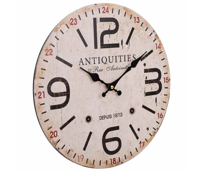 Reloj de pared de madera tiene un acabado en blanco, un diámetro de 34 centímetros y un grosor de 2 centímetros