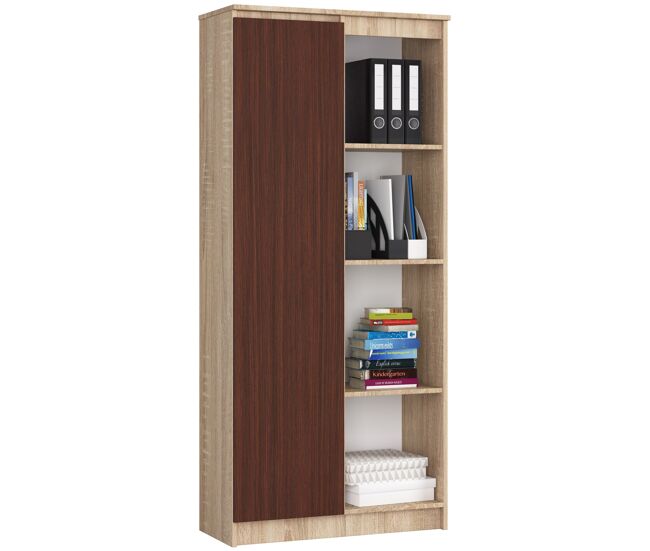 Librería akord r80 roble sonoma 80 cm 1 puerta frente en color wenge 4 estantes 80x35x180 cm
