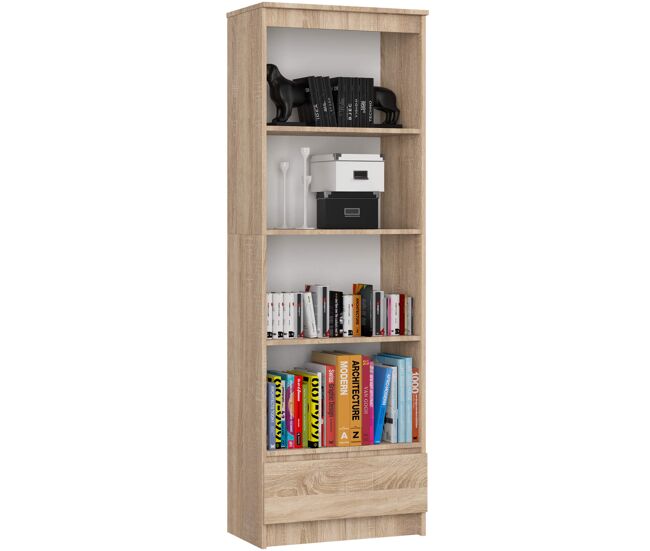 Librería akord r60 roble sonoma 60 cm 1 cajón frente en color roble sonoma 4 estantes 60x35x180 cm