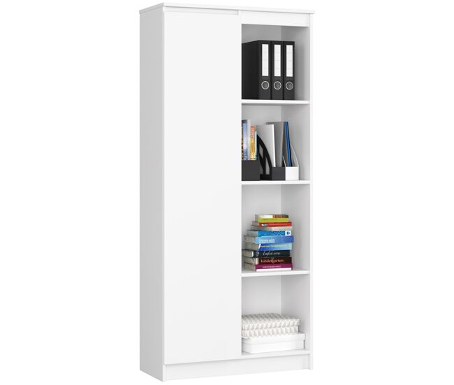 Librería akord r80 blanco 80 cm 1 puerta frente en color blanco 4 estantes 80x35x180 cm