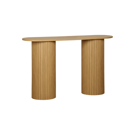 Console escandinava oval com efeito de madeira estriada, Legacy, Natural, 120x35x75 cm