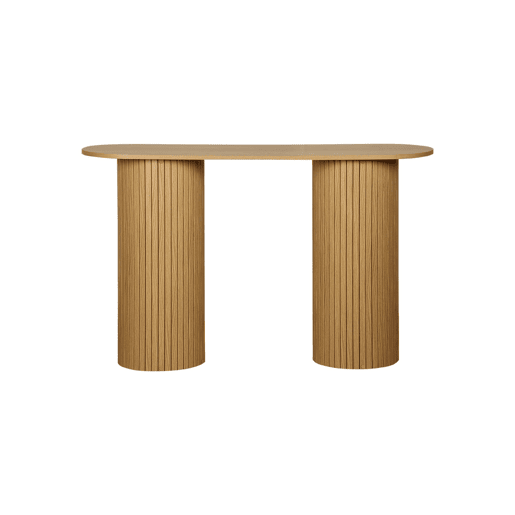 Console escandinava oval com efeito de madeira estriada, Legacy, Natural, 120x35x75 cm