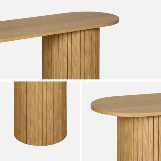 Console escandinava oval com efeito de madeira estriada, Legacy, Natural, 120x35x75 cm