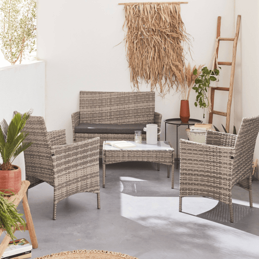 Conjunto de sofá de jardim em resina trançada, 4 lugares, Moltes, Tons de cinza, 104x59x85.5 cm Conjunto de sofá de jardim em resina trançada, 4 lugares, Moltes, Tons de cinza, 104x59x85.5 cm