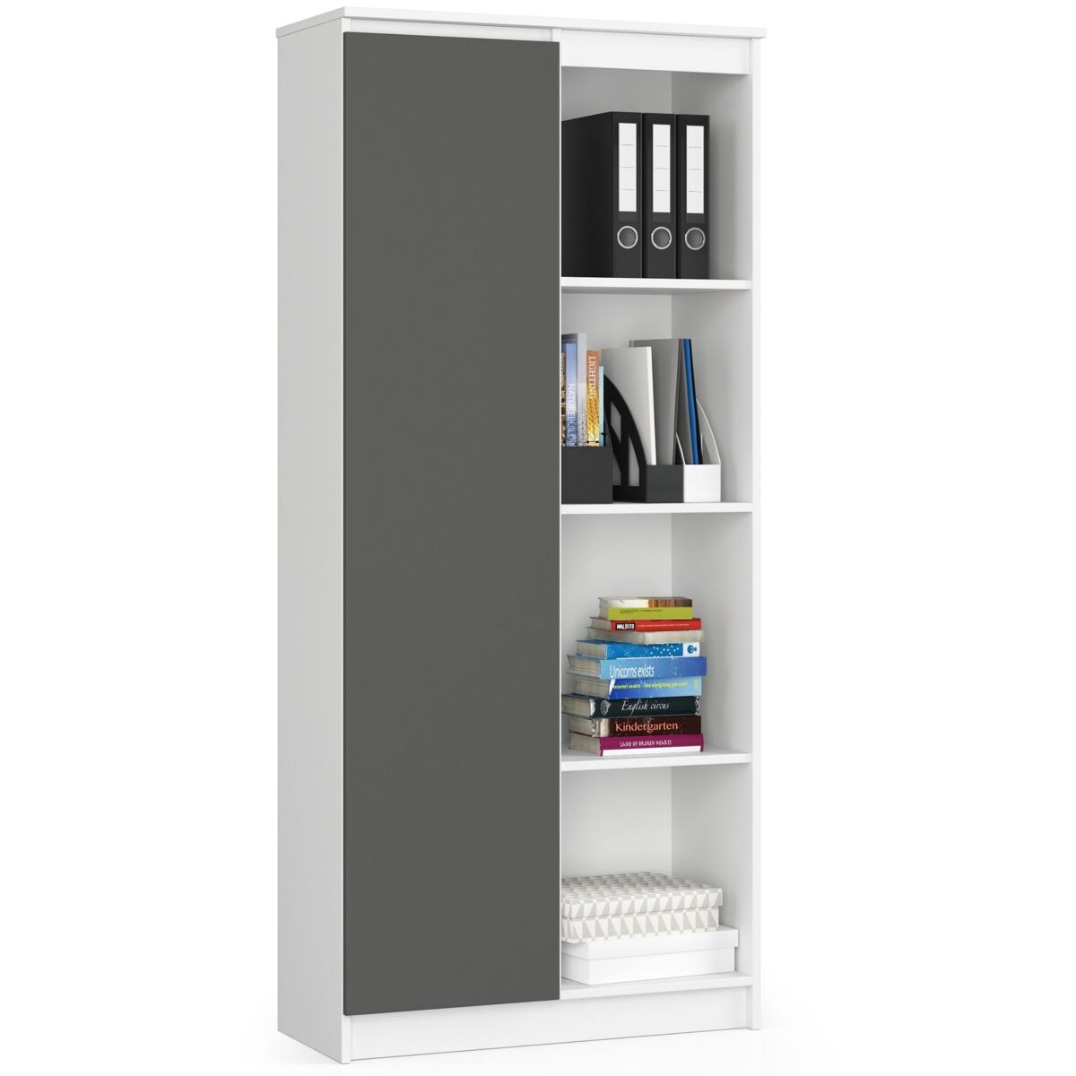 Librería akord r80 blanco 80 cm 1 puerta frente en color grafito gris 4 estantes 80x35x180 cm
