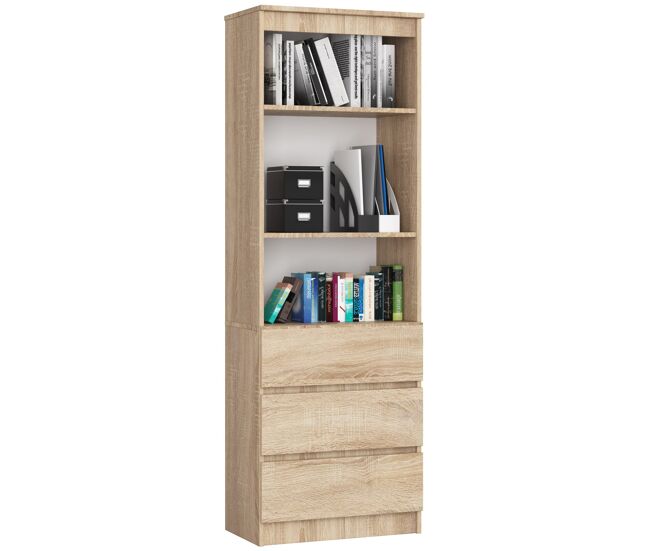 Librería akord r60 roble sonoma 60 cm 3 cajones frente en color roble sonoma 3 estantes 60x35x180 cm