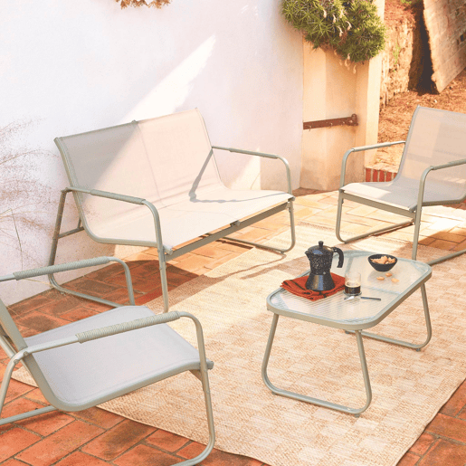 Conjunto de jardim relax em aço, 4 lugares, Noto, Verde caqui, 78x122x39 cm