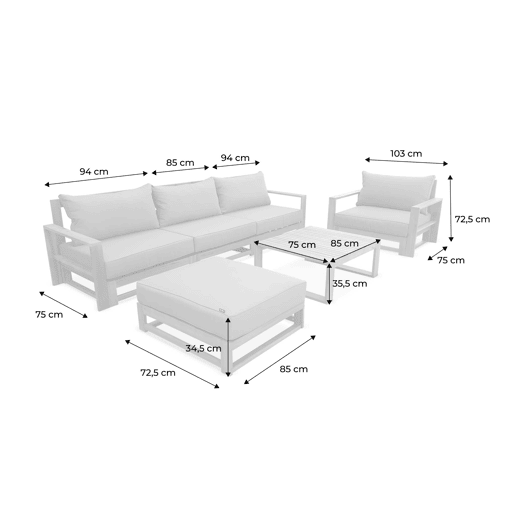 Conjunto de mobiliário de jardim com sofá e poltrona em madeira, 5 lugares, Mendoza, Madeira, 273x75x72.5 cm