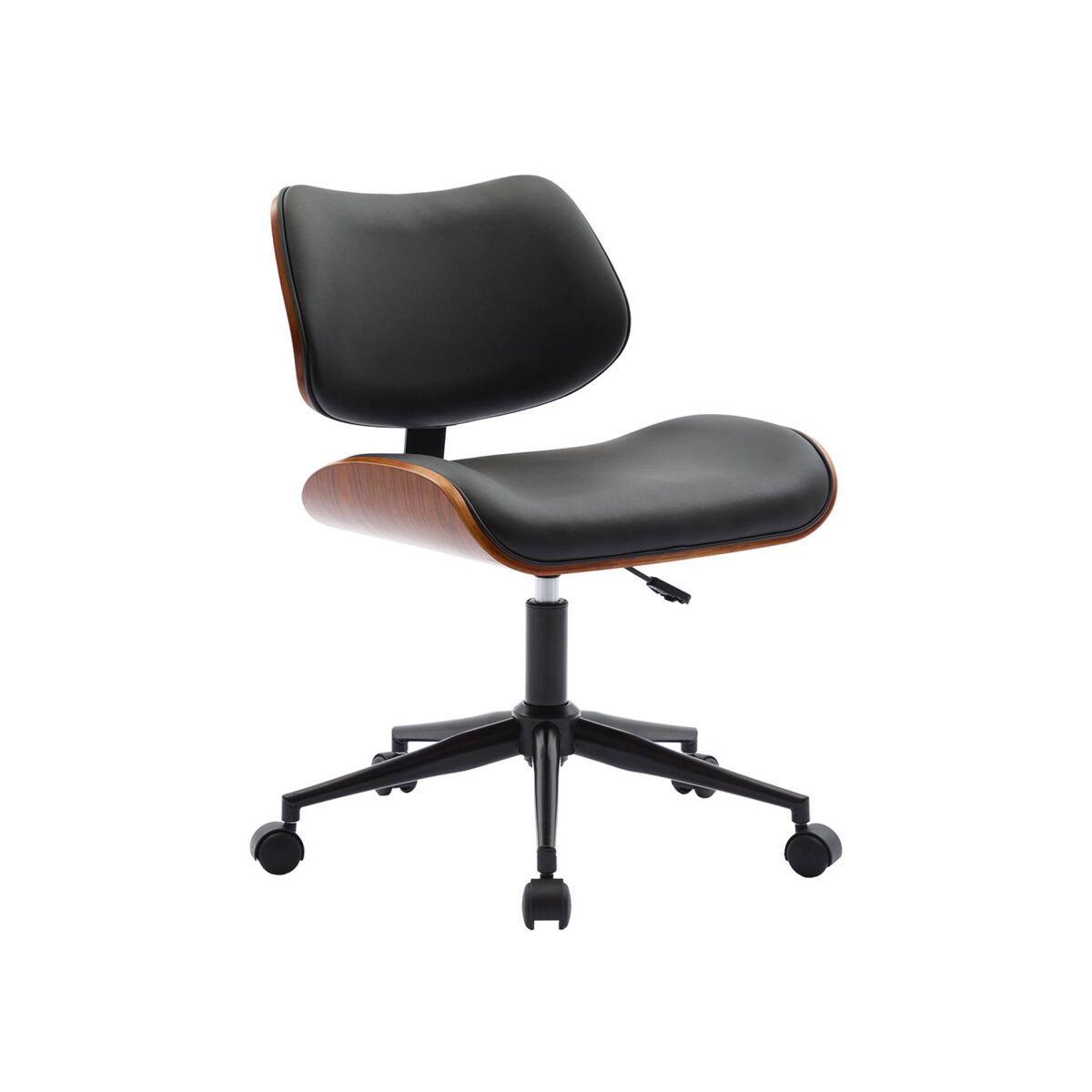 Silla de oficina con ruedas, madera curvada y acabado en polipiel, karen, negro, 52x53x88 cm