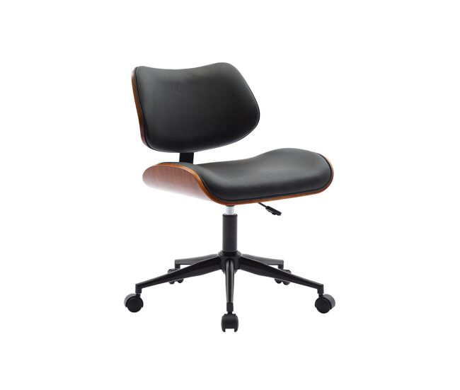 Silla de oficina con ruedas, madera curvada y acabado en polipiel, karen, negro, 52x53x88 cm