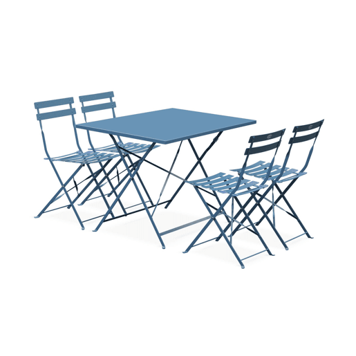 Mesa de jardim bistrô dobrável em metal, 4 cadeiras, Emilia, Azul cinza, 110x70x72 cm