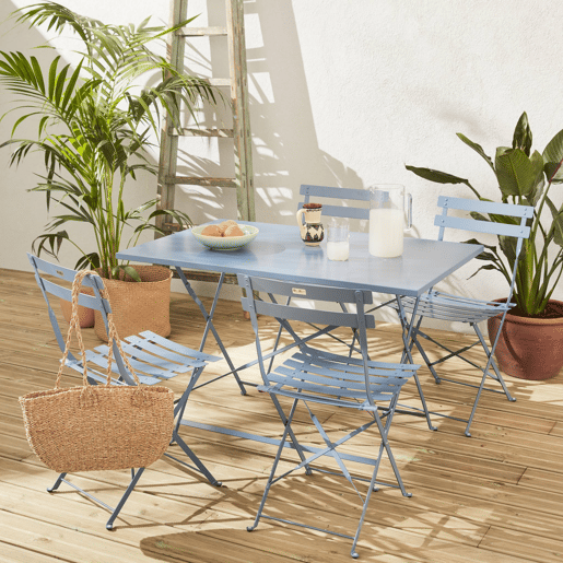 Mesa de jardim bistrô dobrável em metal, 4 cadeiras, Emilia, Azul cinza, 110x70x72 cm